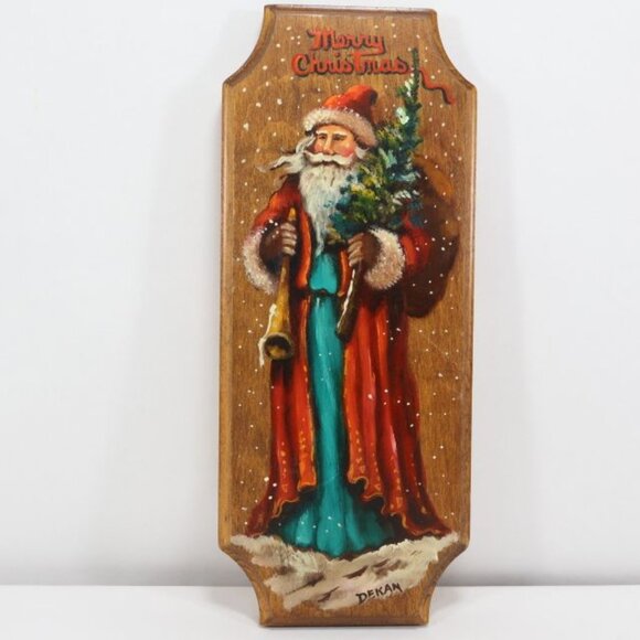 Vintage Old World Father Christmas Hand Painted Wood Plaque Santa Claus Dekan - Picture 1 of 8